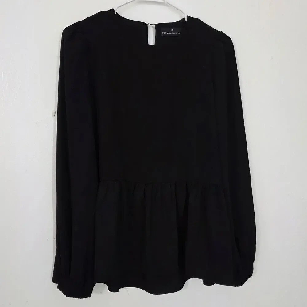 Tuckernuck Pomander Carlota Peplum Blouse in Black with Billowy Sleeves Size XS